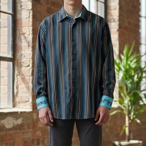 Luchiano Visconti Choco Brown Blue Striped Button Down Embroidered Cuff Shirt‎